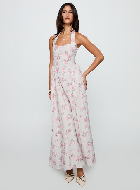 side view of model wearing Princess Polly Sunfields Halter Maxi Dress Multi Square Neck 