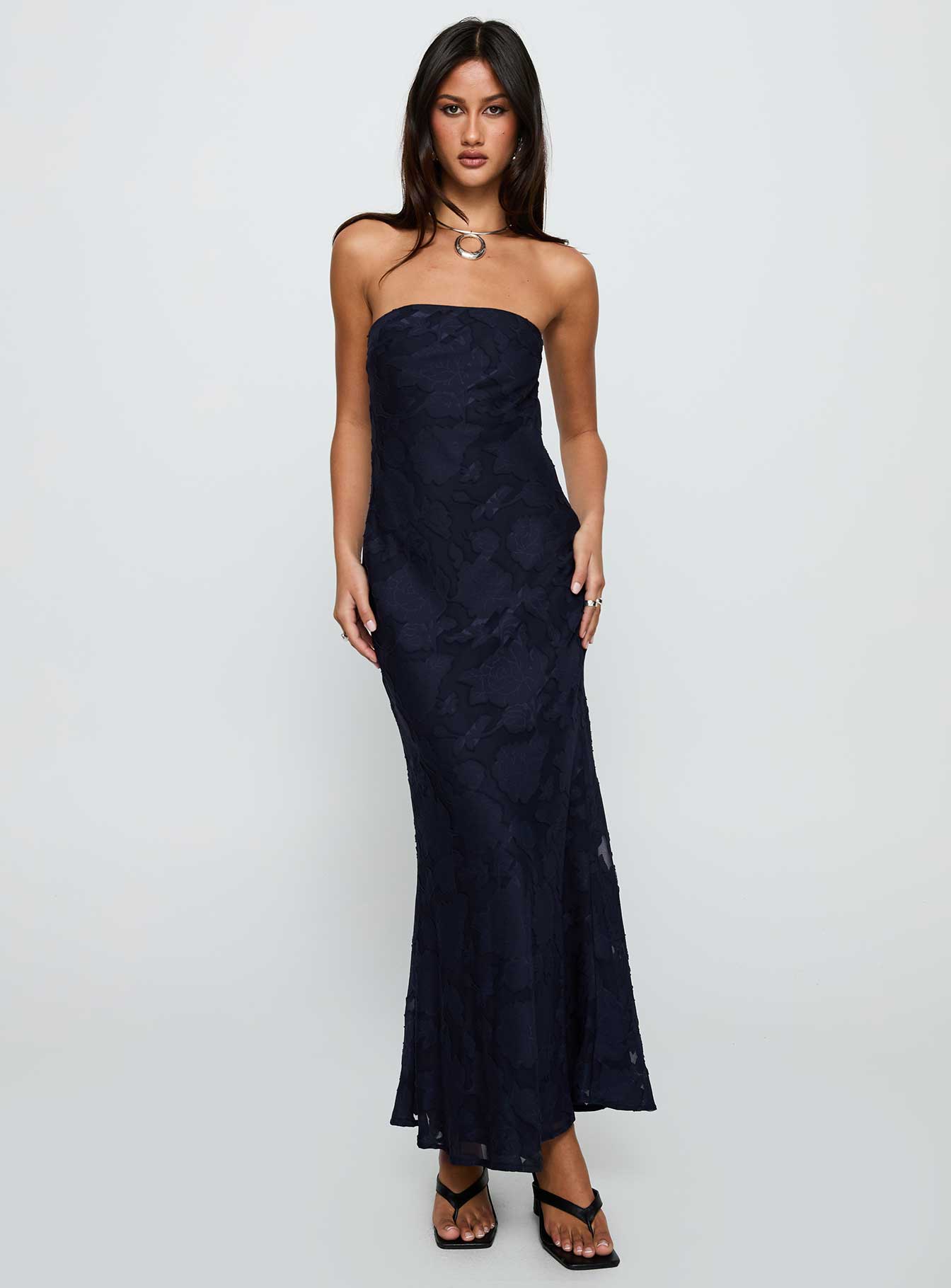 front view of model wearing Princess Polly Haley Maxi Dress Navy Straight Neck 
