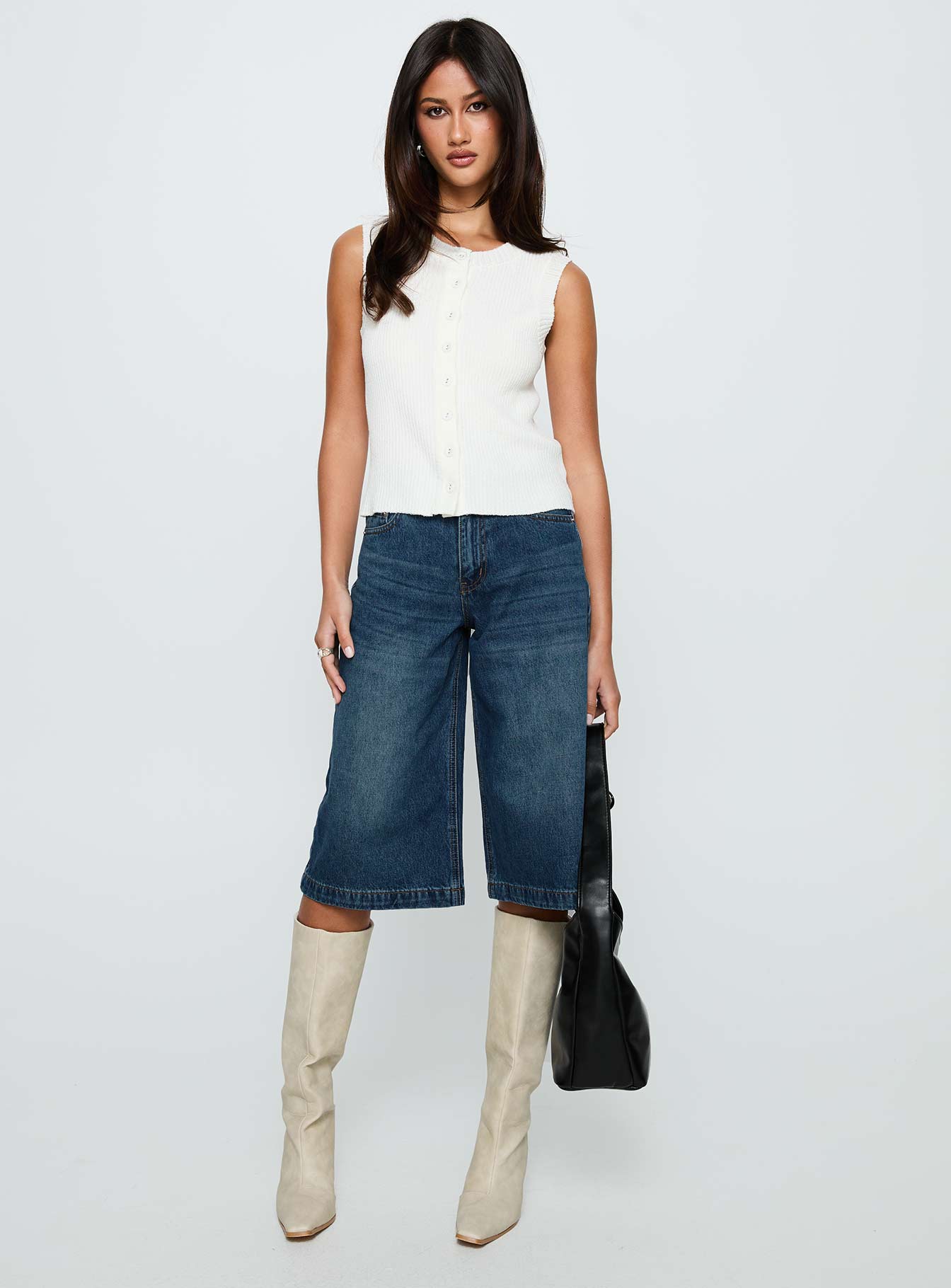 front view of model wearing Princess Polly Simie Button Front Rib Top White Sleeveless Crew Neck 