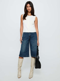 front view of model wearing Princess Polly Simie Button Front Rib Top White Sleeveless Crew Neck 