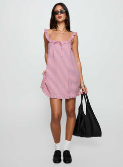 front view of model wearing Princess Polly Zalina Babydoll Mini Dress Pink Stripe Square Neck 