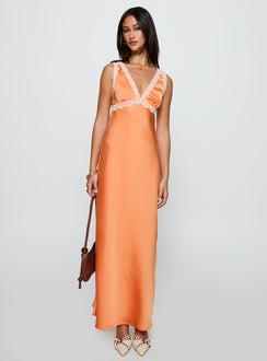 front view of model wearing Princess Polly Natassja Maxi Dress Orange V-Neck 
