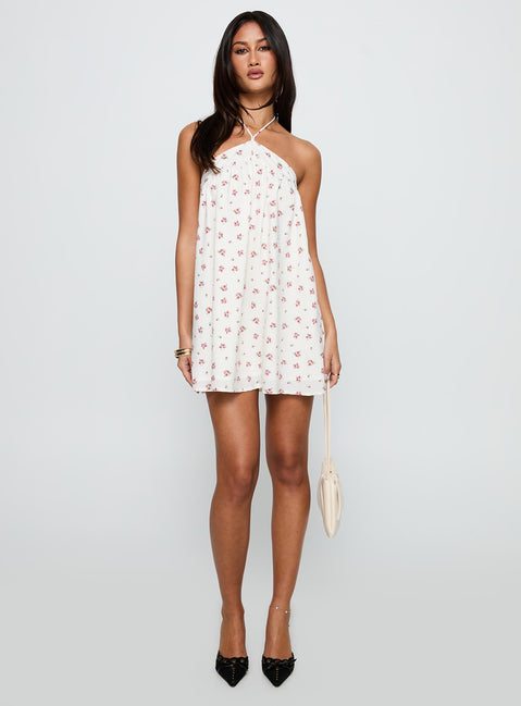 front view of model wearing Princess Polly Moonlit Mini Dress White Floral Asymmetric Neckline 