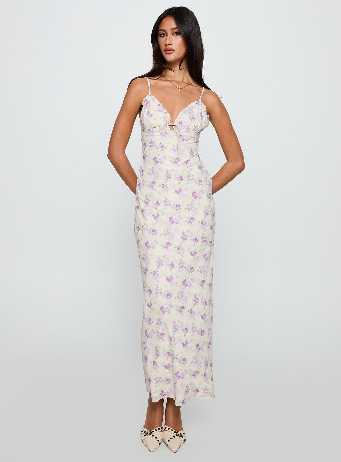front view of model wearing Princess Polly Jessamine Frill Maxi Dress White / Lilac Plunger 