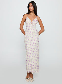 front view of model wearing Princess Polly Jessamine Frill Maxi Dress White / Lilac Plunger 