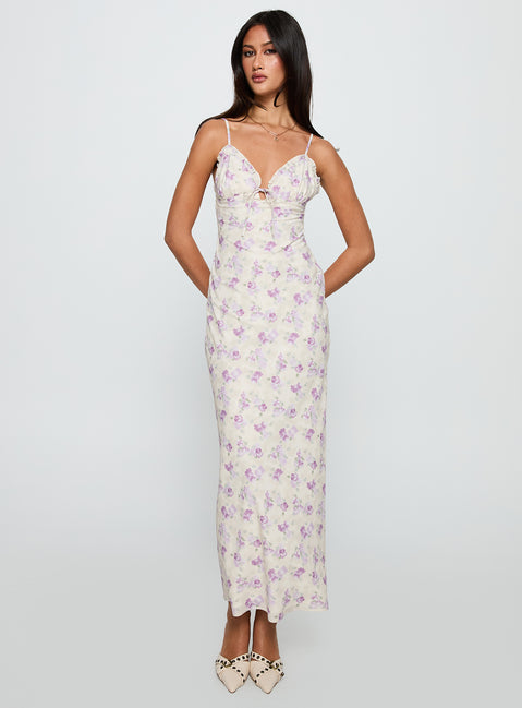 front view of model wearing Princess Polly Jessamine Frill Maxi Dress White / Lilac Plunger 