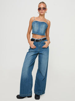 front view of model wearing Princess Polly Vihaan Wide Leg Pants Blue Wash High Waisted Pants 