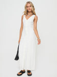 Linen maxi dress V-neckline, button fastening down front, panel detailing, waist tie fastening at back