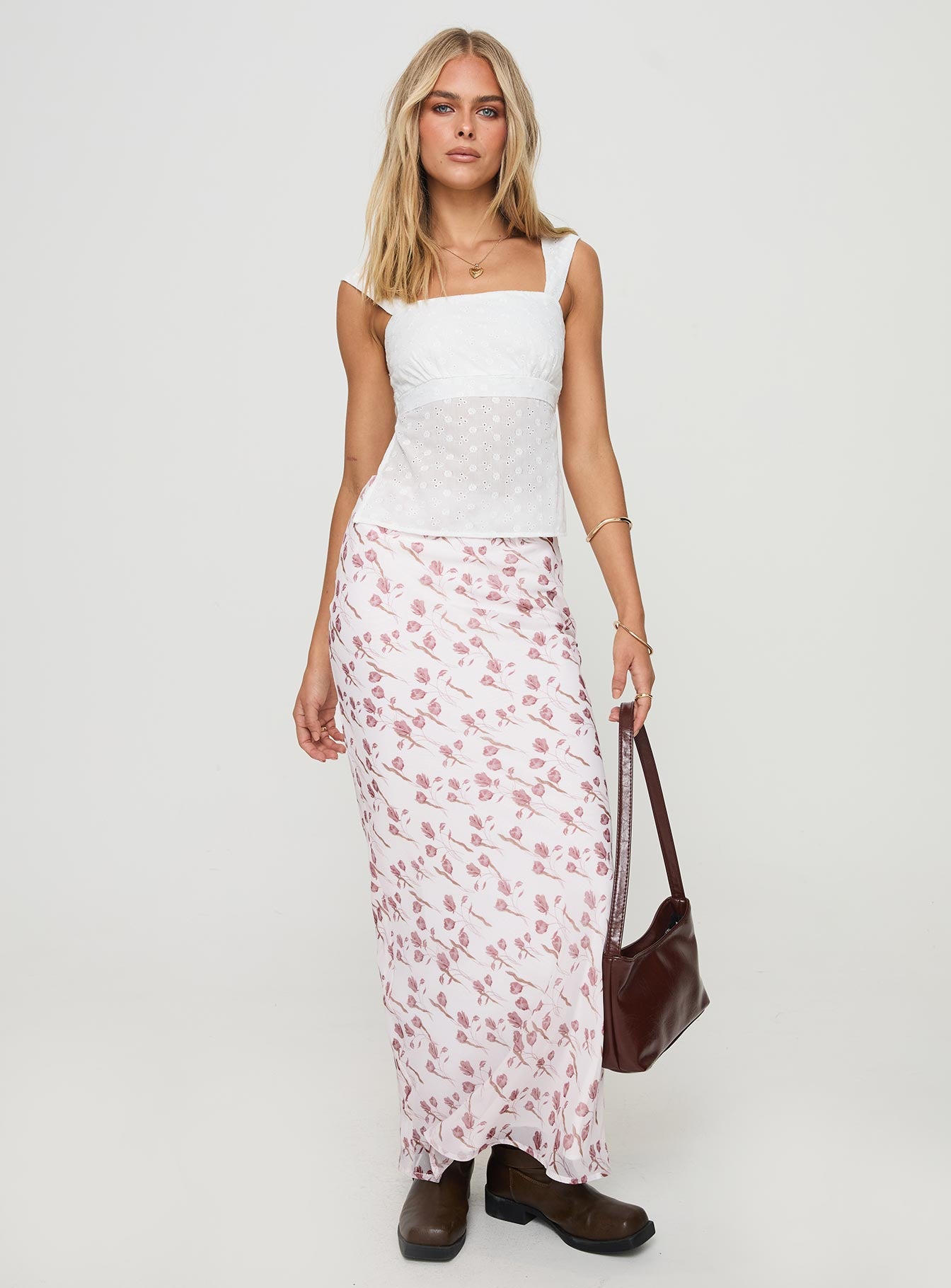   front view of model wearing Princess Polly Battaglie Maxi Skirt Multi Maxi 