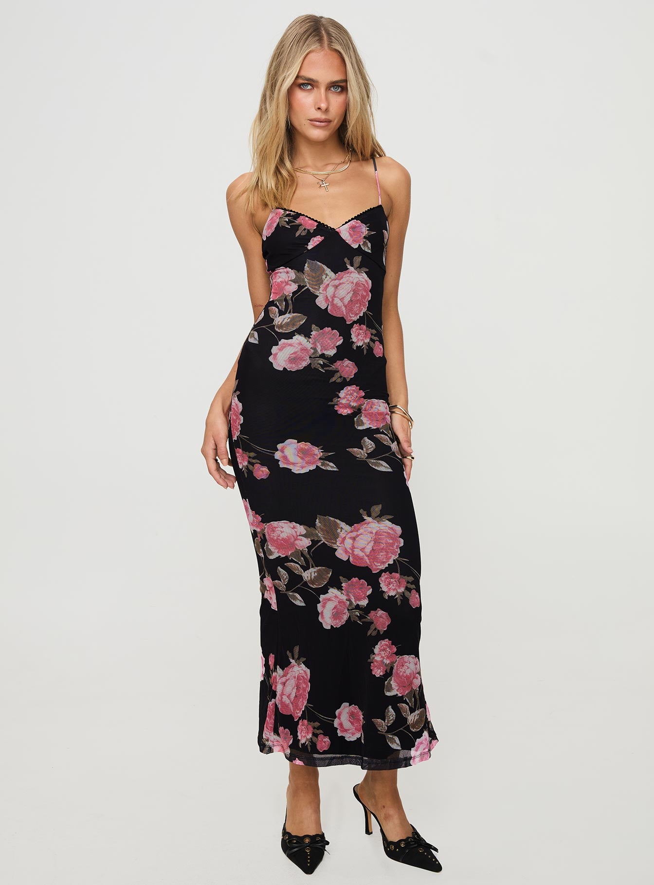 front view of model wearing Princess Polly Manolis Maxi Dress Black / Floral V-Neck 