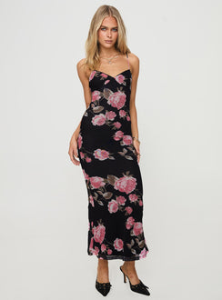 front view of model wearing Princess Polly Manolis Maxi Dress Black / Floral V-Neck 