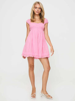 front view of model wearing Princess Polly Carlita Mini Dress Pink Petite Square Neck 