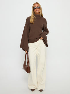 front view of model wearing Princess Polly Neriel Funnel Neck Knit Sweater Chocolate Long 