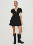 V neck mini dress Tie fastening at front, puff sleeves, invisible zip fastening at back  Non-stretch, partially lined  