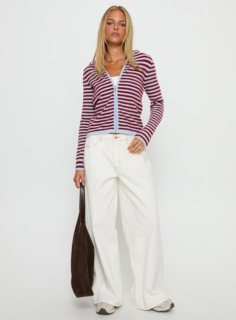 front view of model wearing Princess Polly Superstars Zip Through Hoodie Blue / Red Stripe cropped 