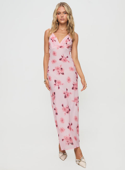 front view of model wearing Princess Polly Maysa Floral Maxi Dress Pink Plunger 