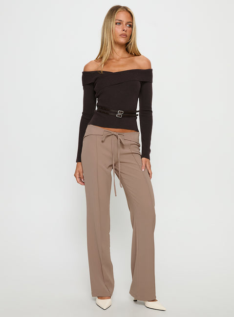 front view of model wearing Princess Polly Narratives Wrap Tie Trouser Pant Taupe Mid Rise Pants 