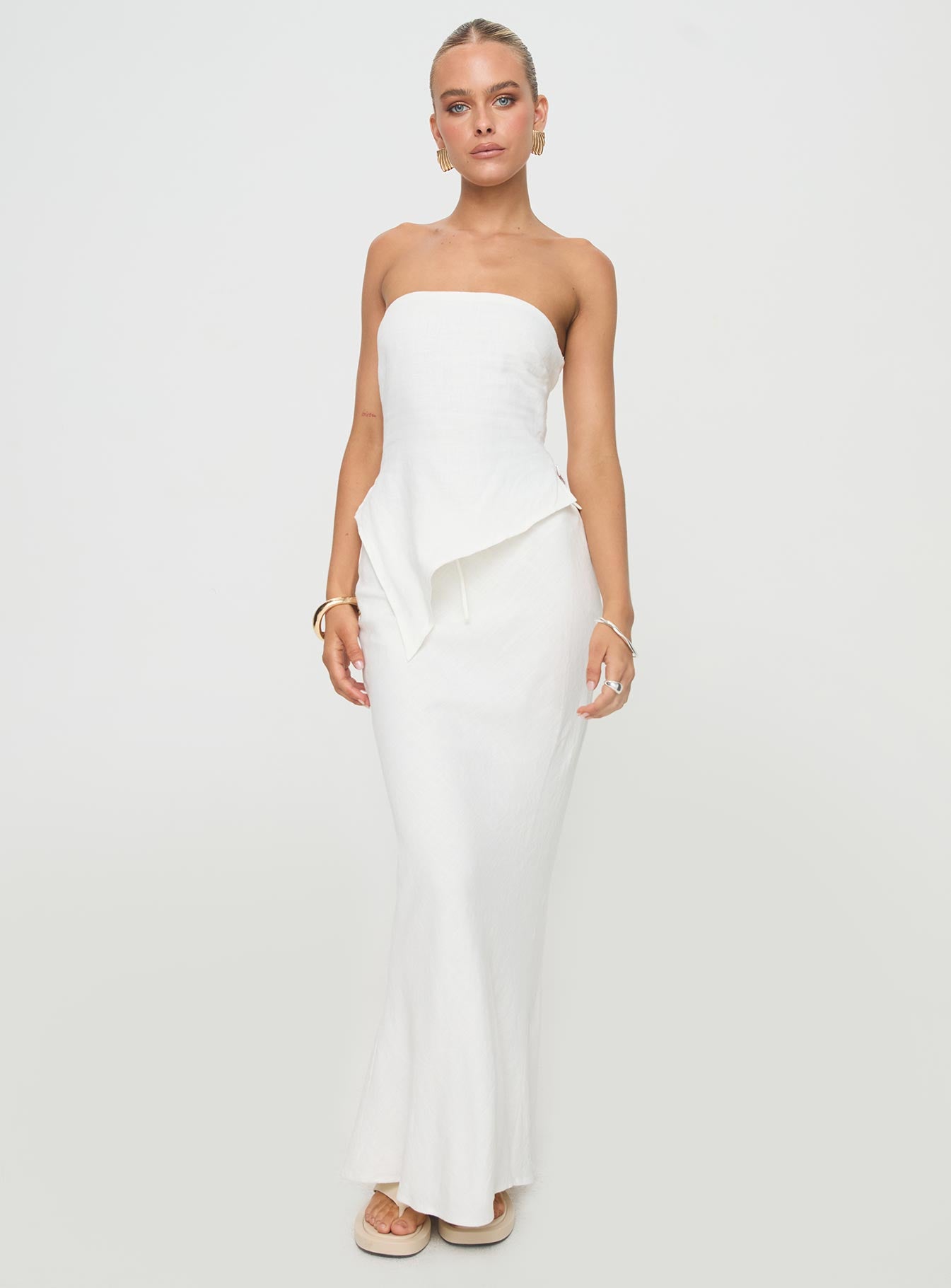   front view of model wearing Princess Polly Mercer Linen Blend Maxi Skirt White Maxi 