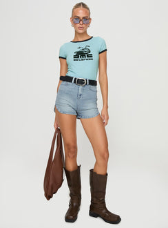 front view of model wearing Princess Polly Richardsons Denim Shorts Light Blue Wash High Waisted Shorts 