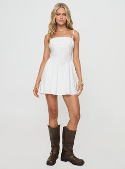 front view of model wearing Princess Polly Slow Dance Linen Blend Mini Dress White Straight Neck 