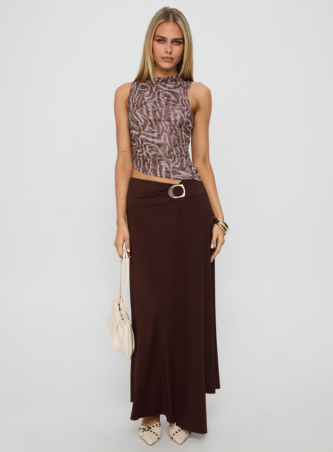   front view of model wearing Princess Polly Nola Hardware Slit Maxi Skirt Brown Maxi 