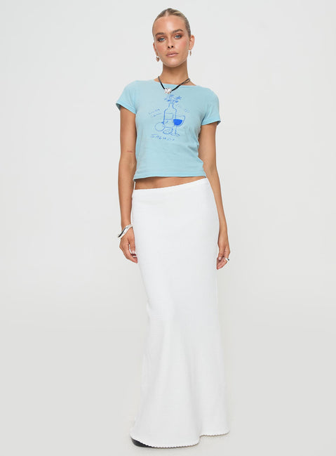 front view of model wearing Princess Polly Cheers To You Tee Blue Short Sleeves Crew Neck 