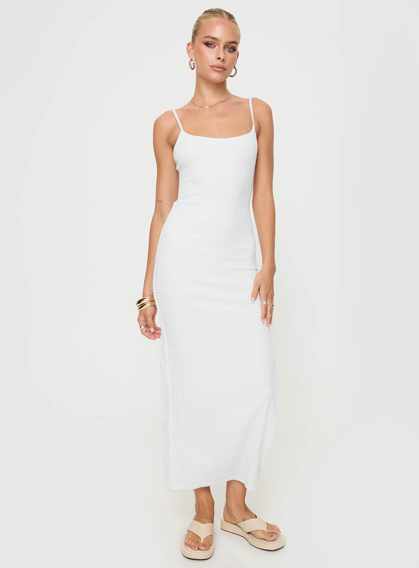 front view of model wearing Princess Polly Elestria Maxi Dress White Scoop Neck 