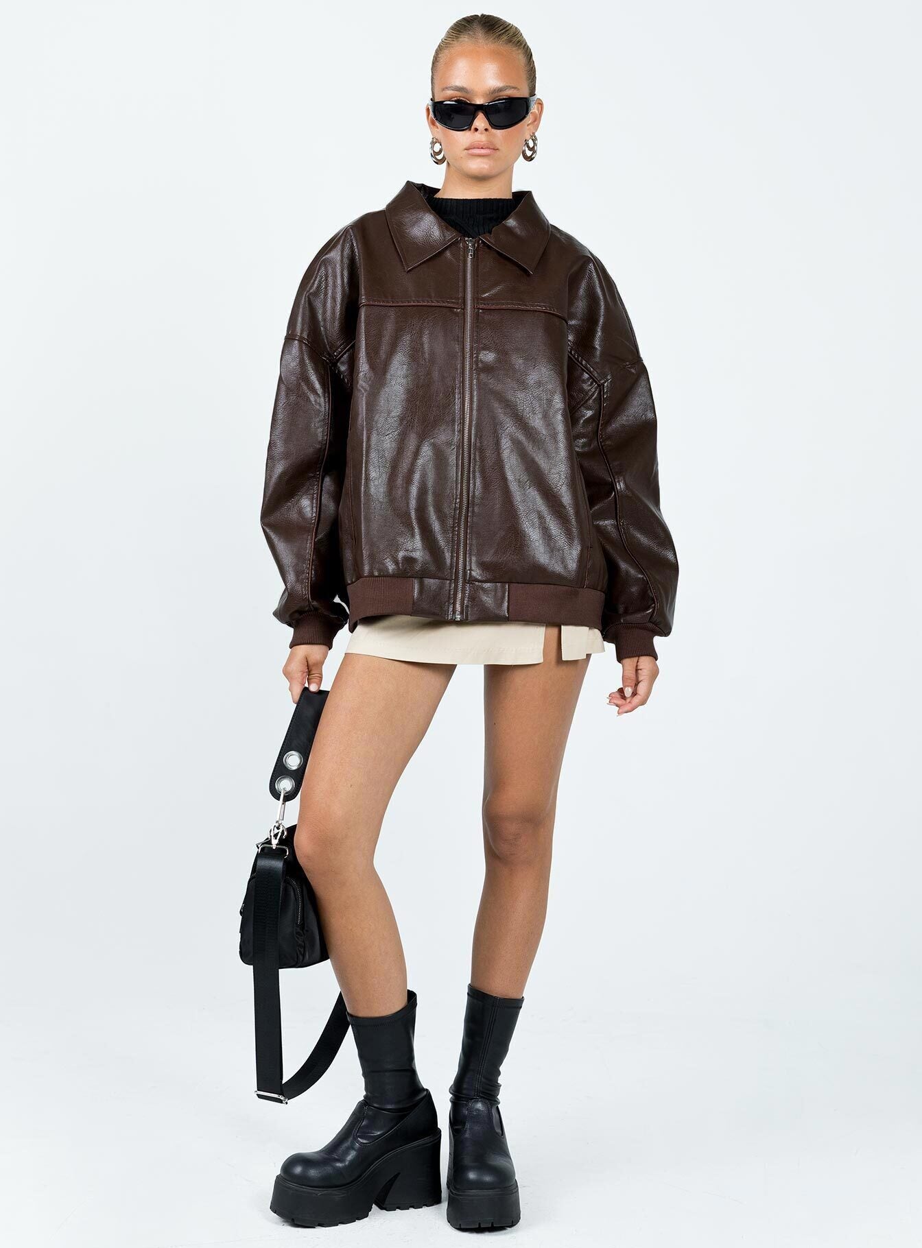 Goldsmith Faux Leather Bomber Jacket Brown | Princess Polly