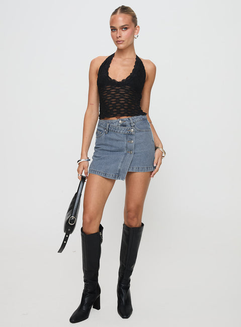   front view of model wearing Princess Polly Denis Mini Denim Skirt Light Blue Mini Skirts 