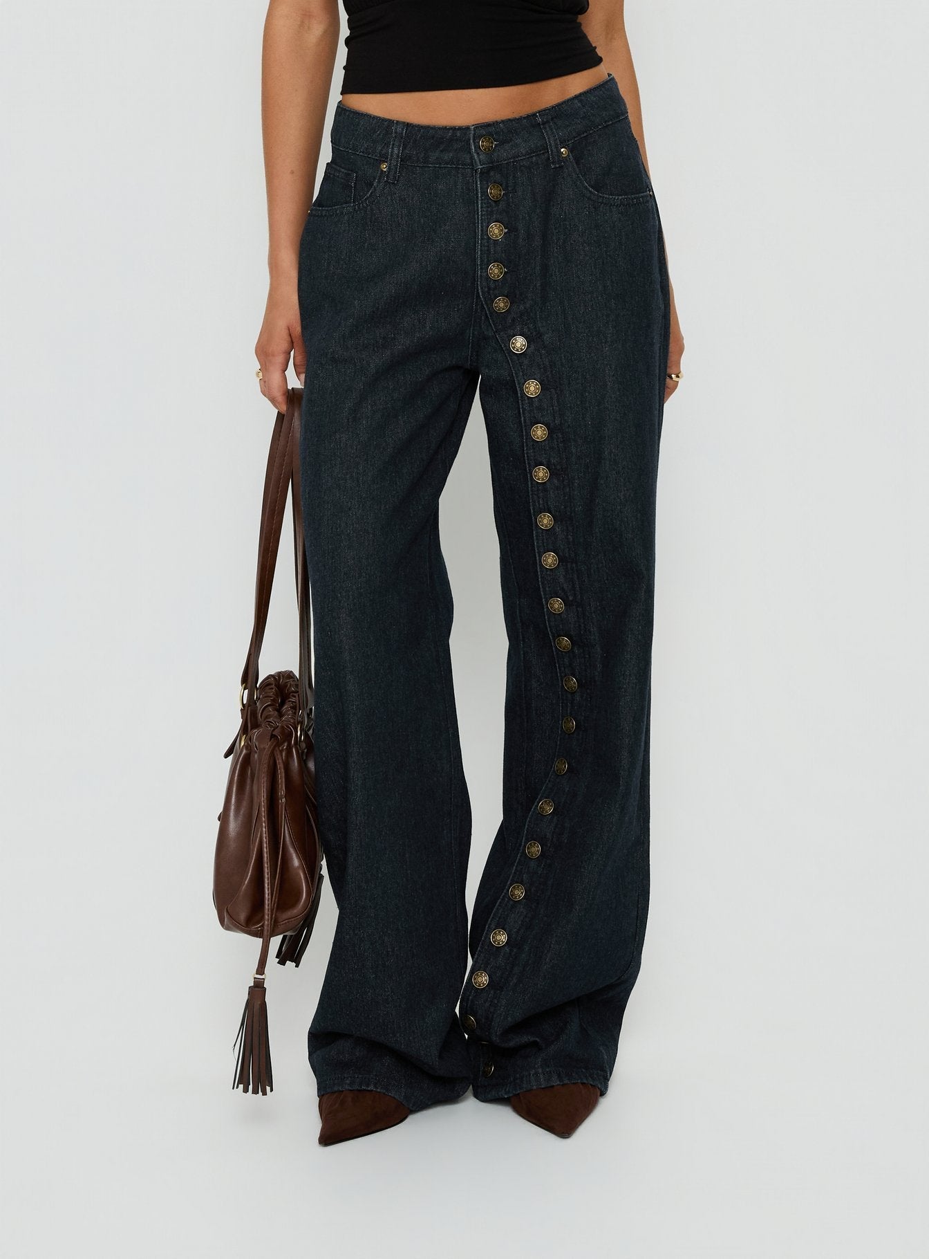 Introducing Penny Mid Rise Straight Leg Jeans Raw Denim in womens-jeans front view of model wearing Princess Polly