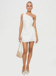 front view of model wearing Princess Polly Mayzie One Shoulder Mini Dress White Asymmetric Neckline 