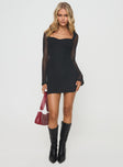 front view of model wearing Princess Polly Colline Long Sleeve Mini Dress Black Sweetheart Neckline 