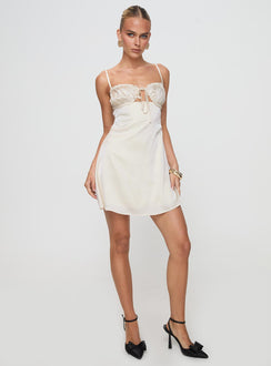 front view of model wearing Princess Polly Decipher Satin Mini Dress Ivory Sweetheart Neckline 