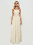 front view of model wearing Princess Polly Slow Dance Linen Blend Maxi Dress Cream / Blue Square Neck 