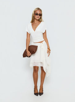   side view of model wearing Princess Polly Ophella Tie Waist Chiffon Midi Skirt Cream 