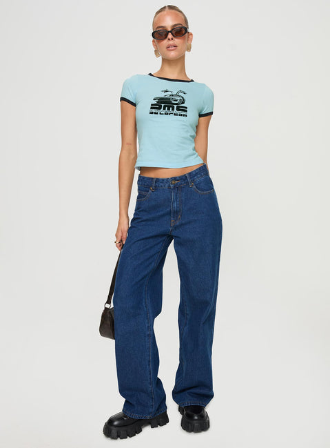 front view of model wearing Princess Polly Delorean Tee Blue Short Sleeves Crew Neck 