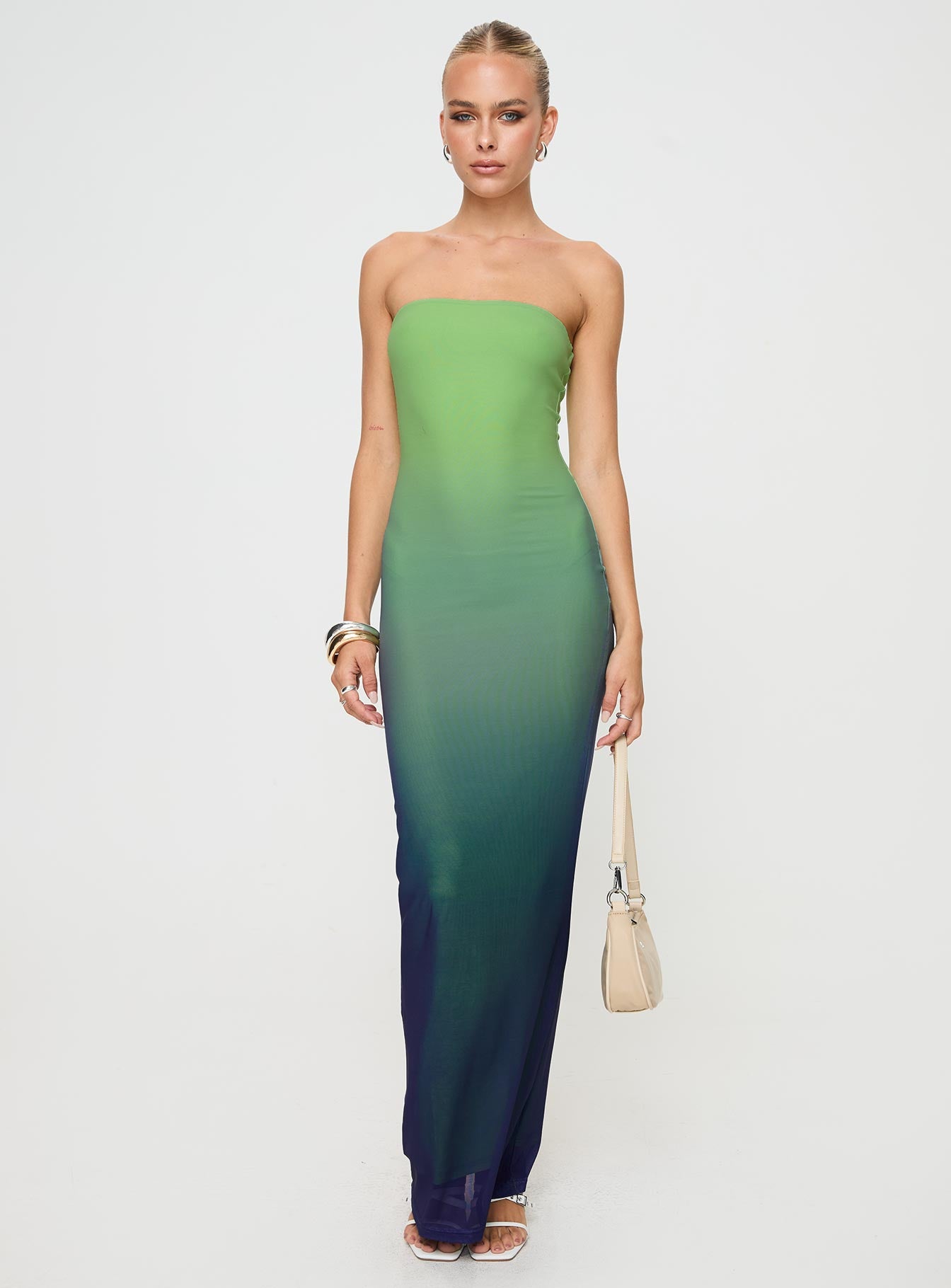 front view of model wearing Princess Polly Stolen Love Strapless Maxi Dress Blue / Green Ombre Petite Straight Neck 