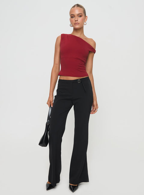 front view of model wearing Princess Polly Danza Top Red Sleeveless Asymmetric Neckline 