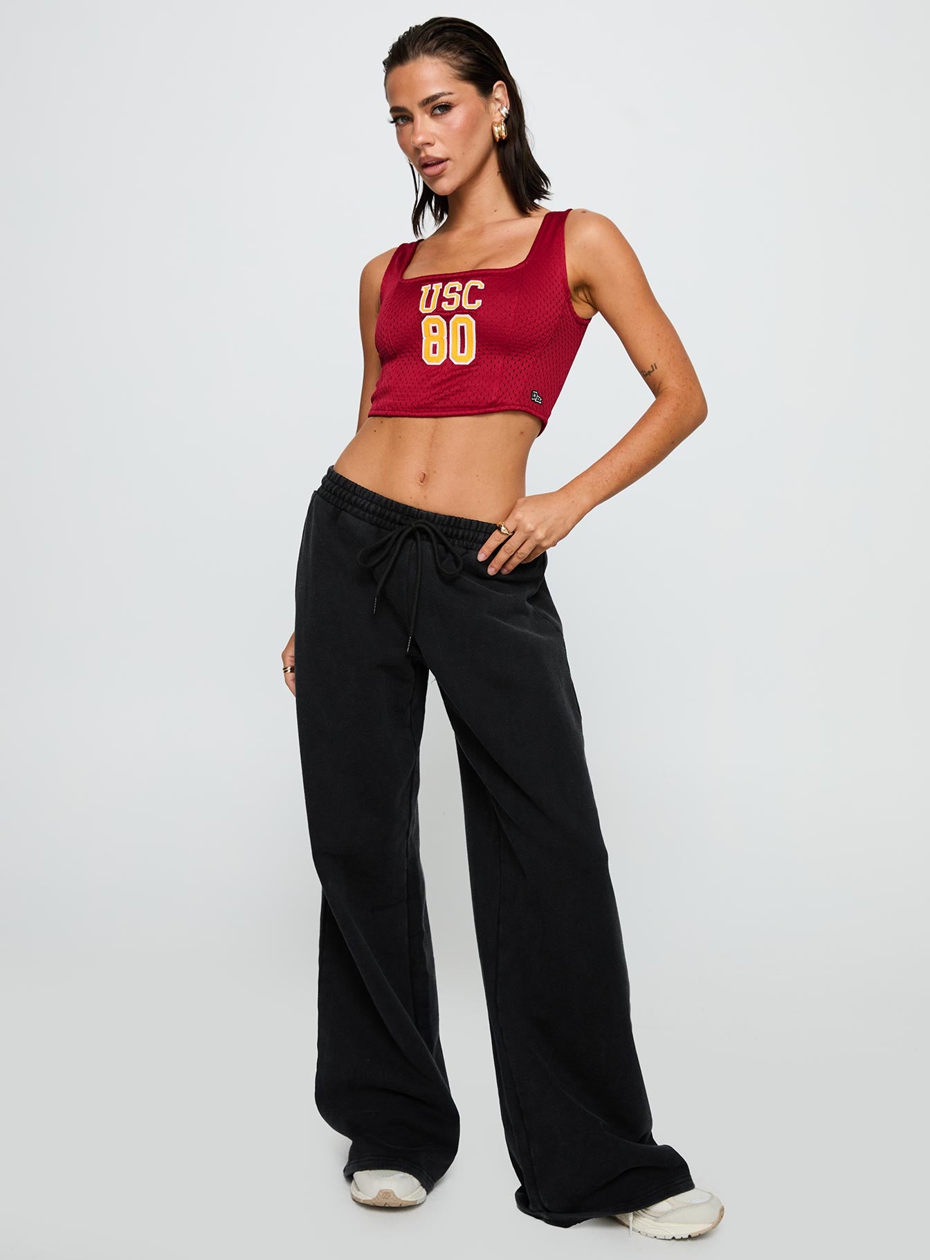 front view of model wearing Princess Polly USC Jersey Corset Top Cardinal Sleeveless Square Neck 