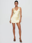 front view of model wearing Princess Polly Kingslie Low Back Mini Dress Baby Yellow Petite V-Neck 