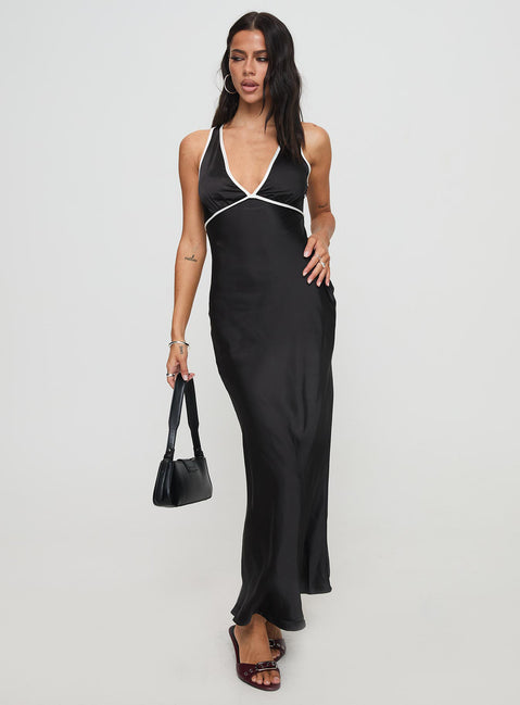 front view of model wearing Princess Polly Thandi Maxi Dress Black Plunger 