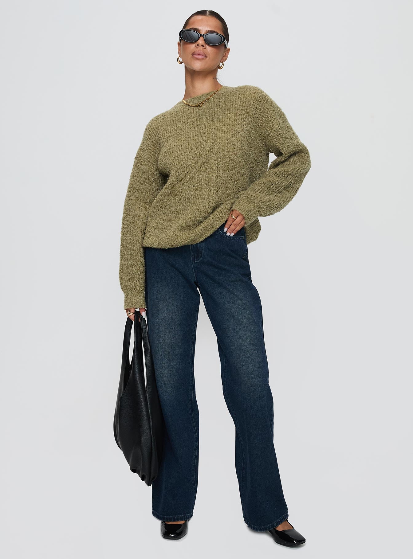 front view of model wearing Princess Polly South End Knit Sweater Khaki Long 
