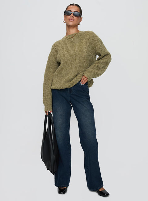 front view of model wearing Princess Polly South End Knit Sweater Khaki Long 