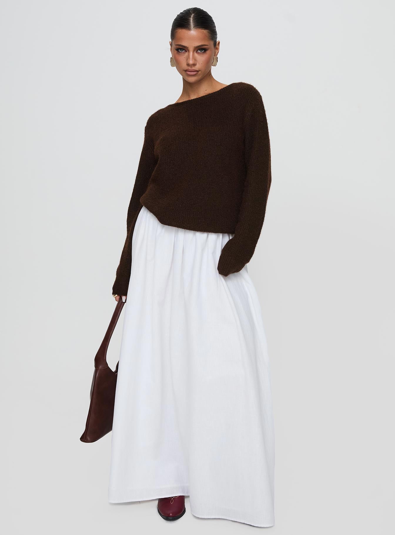front view of model wearing Princess Polly Abrams Rib Knit Crew Sweater Chocolate Marle Longline Jumpers 