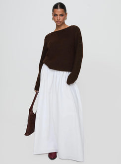 front view of model wearing Princess Polly Abrams Rib Knit Crew Sweater Chocolate Marle Longline Jumpers 