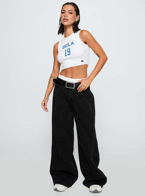 front view of model wearing Princess Polly UCLA Cutoff Tank Top White Sleeveless Crew Neck 