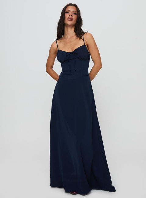 front view of model wearing Princess Polly Eleanora Maxi Dress Navy Sweetheart Neckline 