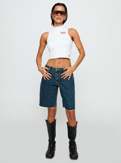 front view of model wearing Princess Polly USC Belle Tank Top White Sleeveless High Neck 