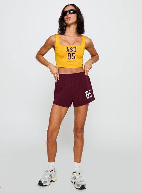 front view of model wearing Princess Polly ASU Soffee Shorts Maroon High Waisted Shorts 