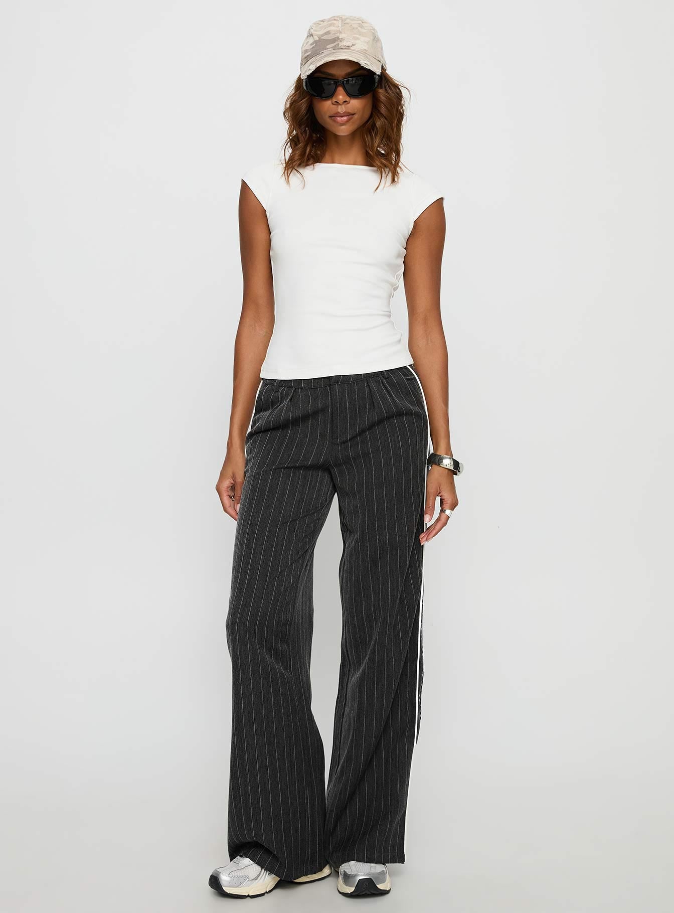 front view of model wearing Princess Polly Knowla Pleated Trouser Pant Grey Pinstripe Mid Rise Pants 